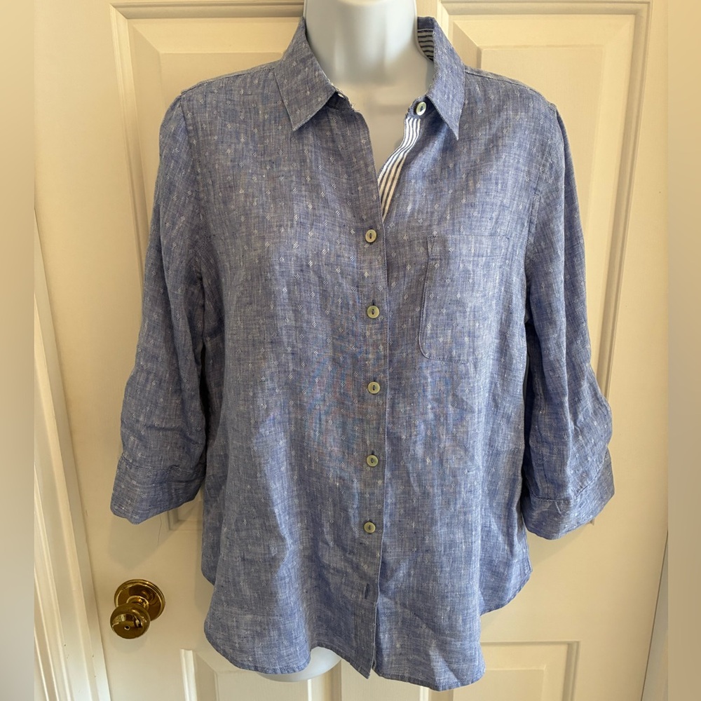 Chico’s Blue Linen Blend Button-Front Shirt, US 4/6
